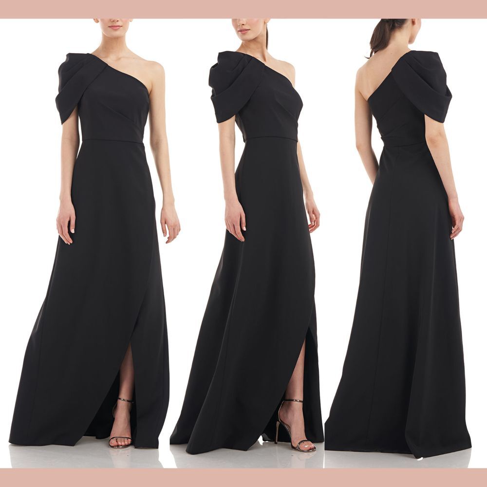 NWT $298 Kay Unger [‎ 6 ] Briana One Shoulder Draped Crepe Gown in Black